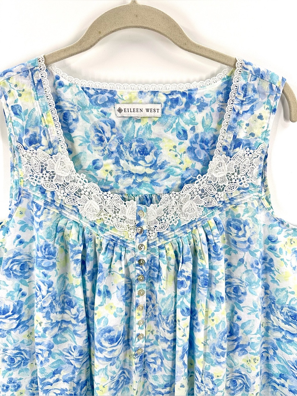 Eileen West Nightgown Sz Medium Blue Floral Lace Trim Cotton Sleeveless Cottage - Picture 2 of 9